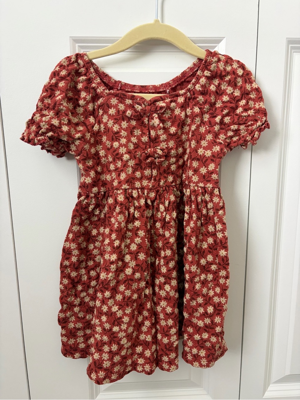Kids Red Floral Puff-Sleeve Casual Dress